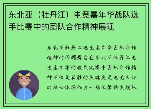 东北亚（牡丹江）电竞嘉年华战队选手比赛中的团队合作精神展现